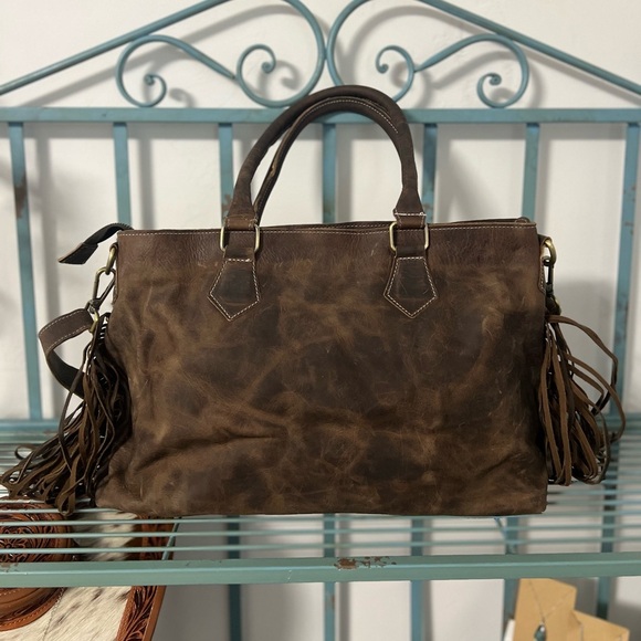 New Fall Western Genuine Ostrich Embossed Leather Rustic Crazy Horse Bag Fringe - Picture 6 of 16